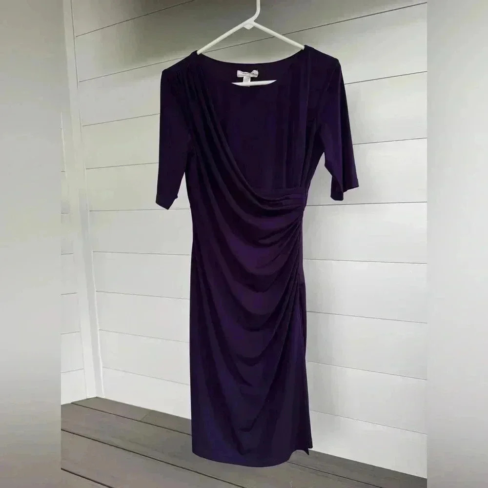 Dressbarn Women’s Side Ruched Half Sleeve‎ Purple Midi Dress Size 6 Polyester